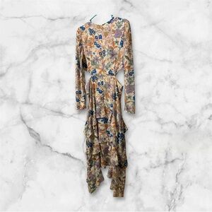 Peach Love California Floral Dress with Tan and Blue Accents tiered ruffles